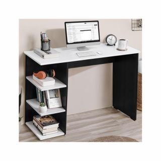 ABOUT SPACE Study Table with 3 Tier Bottom Storage - Modern Tabletop Computer Table for PC, Laptop, Writing Office Table with Open Bookshelf Lower Storage [Black Mahogany & White-L103 x B40 x H76 cm]
