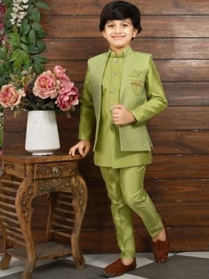 Boys Mandarin Collar Kurta & Trousers with Woven Design Nehru Jacket