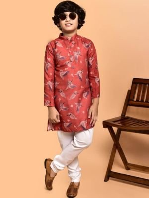 Boys Printed Band Collar Cotton Straight Kurta