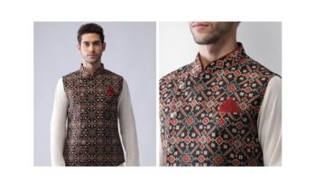 Ethnic Motifs Printed Nehru Jacket with Pocket Square