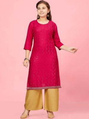 Girls Embellished Round Neck Pure Cotton Kurta