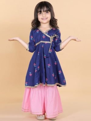 Girls Floral Printed Angrakha Pure Cotton Kurta With Sharara