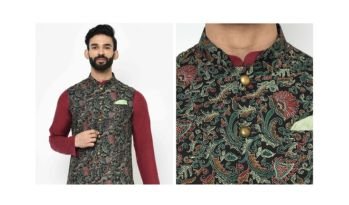 Men Kantha Printed Regular Fit Nehru Jacket