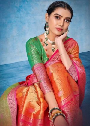 Orange & Pink Floral Woven Design Zari Kanjeevaram Saree
