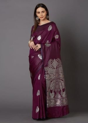 Purple & Silver-Toned Silk Blend Woven Design Kanjeevaram Saree
