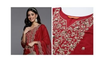 Women Red Ethnic Motifs Embroidered Sequinned Liva Kurta with Trousers & Dupatta
