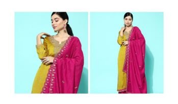 Yellow & Pink Floral Sequinned Embroidered Straight Kurta With Palazzo & Dupatta
